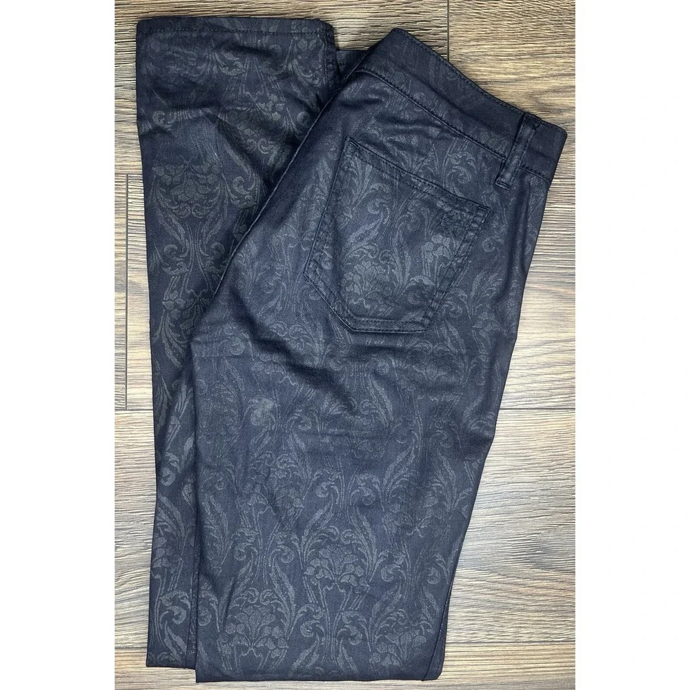 Tory Burch Black Damask Skinny Pants Womens 26 Coated Jacquard Mid Rise‎ 30 In